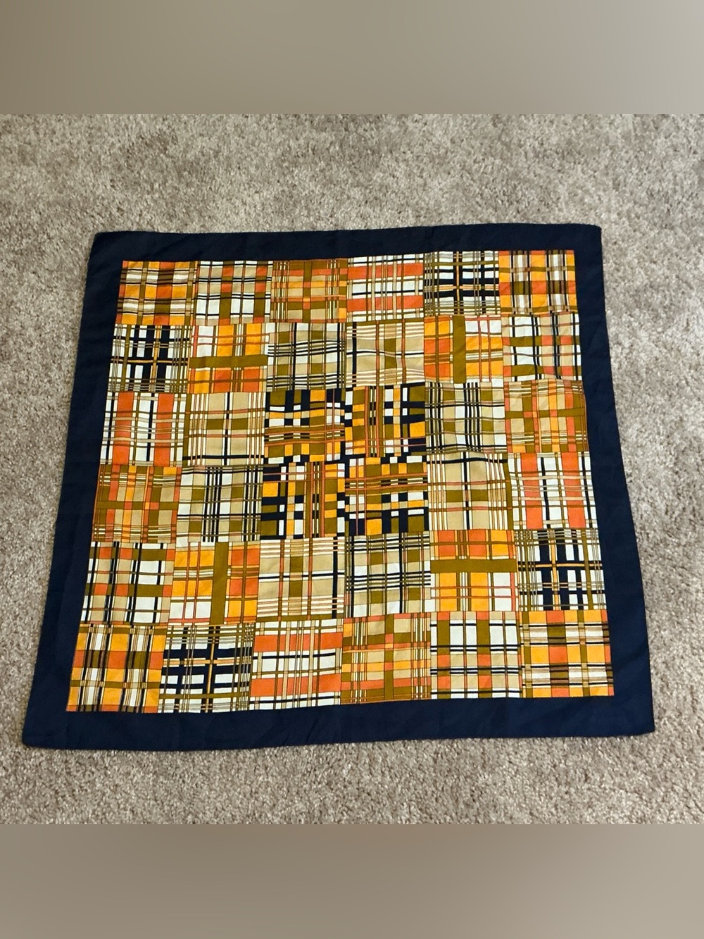 True Vintage 60’s/70’s Navy Blue/Orange/Cream/Brown Plaid Scarf